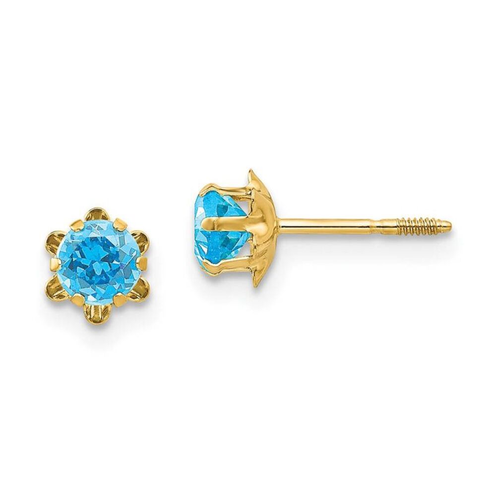 Kids 4mm Synthetic Blue Topaz Screw Back 14k Yellow Gold Stud Earrings